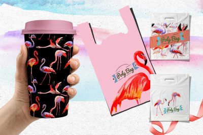 Watercolor pink flamingo PNG set