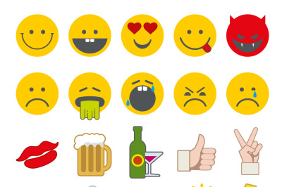Emoticon vector icons set with thumbs up&2C; chat and heart other icon