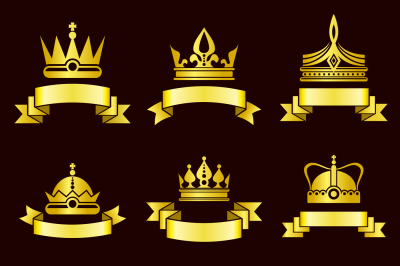 Gold crowns and ribbon banner vector set