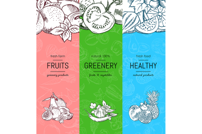 Vector vegan, healthy, organic banner set with doodle sketched fruits 