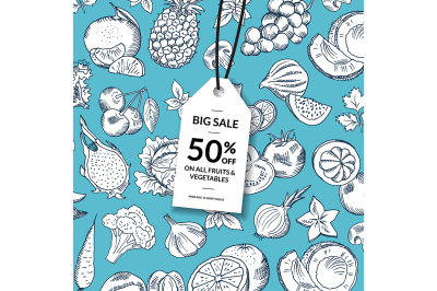 Vector doodle handdrawn fruits and vegetables vegan, healthy food sale