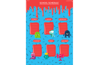 Vector school schedule with cartoon monsters