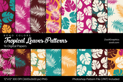 Tropical Leaves Digital Papers Boho Colors