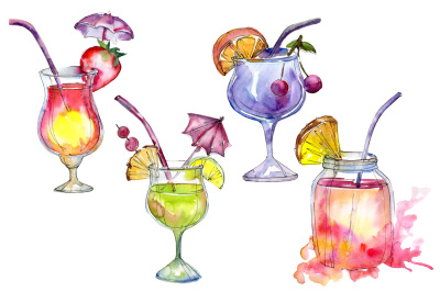 Tropical cocktails PNG watercolor set