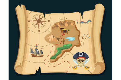 Old treasure map for pirate adventures. Island with old chest