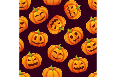 Halloween seamless pattern with different funny emotions of pumpkins