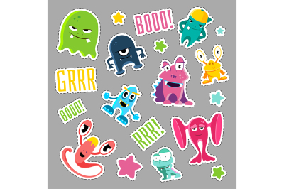 Set of cute monsters and bubbles in the form of a retro patches