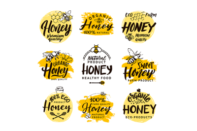 Vector hand drawn words and letters. Logo set for honey products