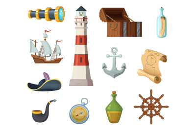 Marine vector objects. Chest, compass, treasure map and other objects 