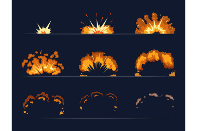 Key frames of bomb explosion. Cartoon illustration in vector style