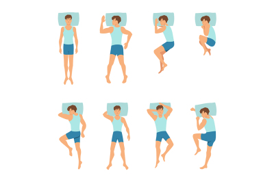 Different positions of sleeping man. Top view vector illustrations