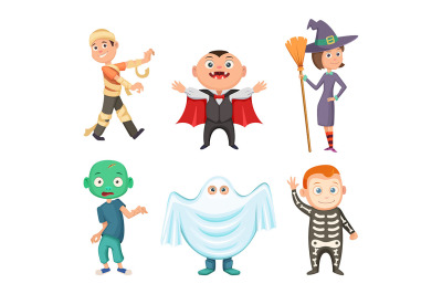 Halloween costumes for kids. Zombie, vampire, witch and funny ghost