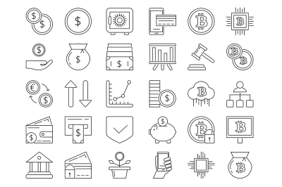 Linear icons set of money and business symbols. Credit cards, coins