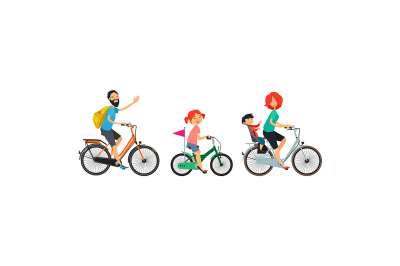 Family on bicycles walk. Male and female riding on bike