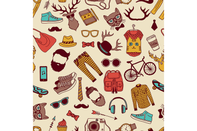 Seamless pattern with specific elements of hipster style