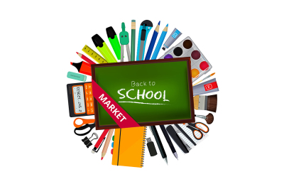 Green blackboard of teacher and different school accessories in circle