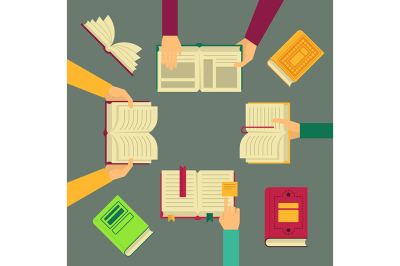 Vector illustrations. Hands hold opened and closed books