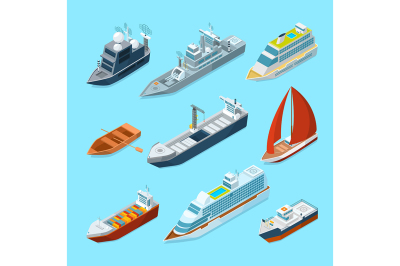 Isometric passenger sea ships and different boats in port