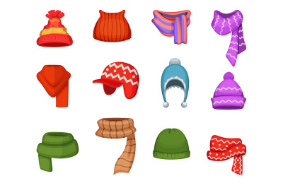 Set of winter scarfs and caps with different colors and styles