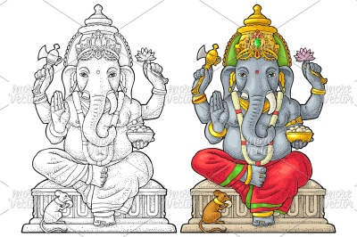 Ganpati with mouse for poster Ganesh Chaturthi. Engraving 