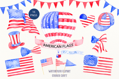 Watercolor Clipart American Flags