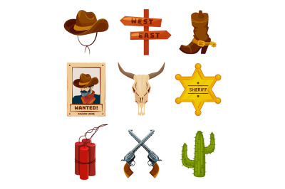 Wild west collection icons. Western illustrations at cartoon style