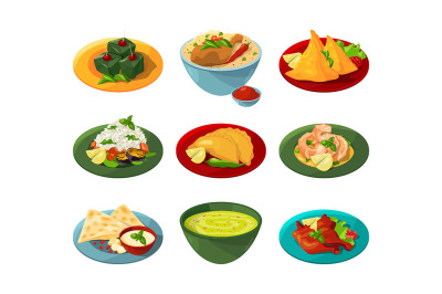 Cartoon set of traditional indian food in different dishes