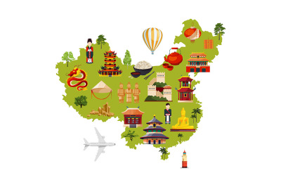 Chinese travel illustration with different cultural objects