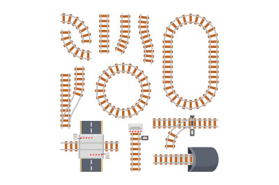 Different train constructions and top view of rail road