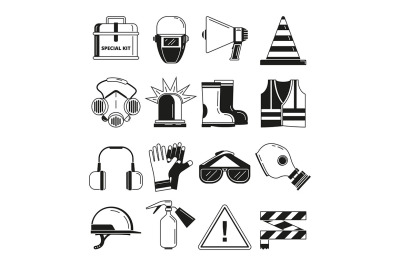 Safety work, security symbols. Vector monochrome illustrations