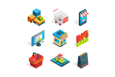 Isometric icon set of online shopping. Symbols of ecommerce