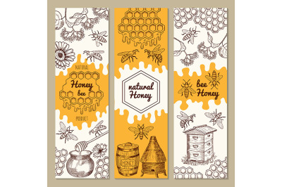 Banners with honey product pictures. Bee, honeycomb