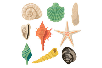 Shells of sea in sand. Aquatic vector icons in cartoon style