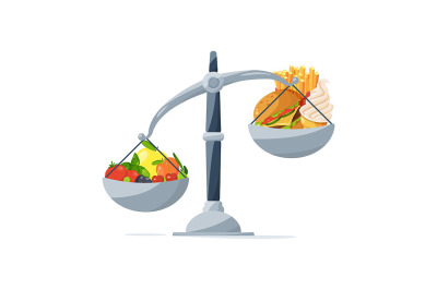 Healthy food and fast food on the scales. Choose that you eat