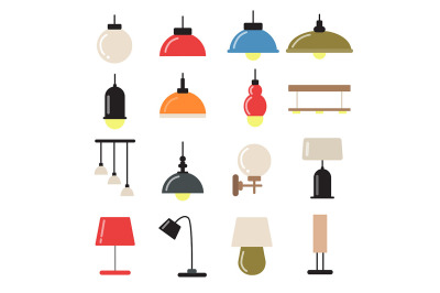 Interior decoration with modern lamps and chandeliers. Vector symbols 