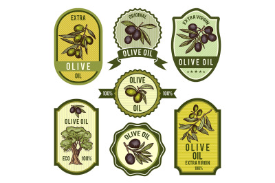 Colored labels for package design. Pictures of olive oil