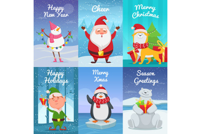 Cute christmas cards with funny characters. Vector pictures in cartoon