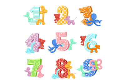 Inflatable animals with birthday numbers. Vector illustrations