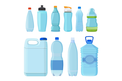 Plastic bottles for water of different types and sizes