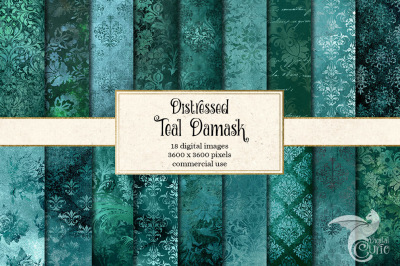 Distressed Teal Damask Digital Paper