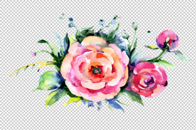 Elegant bouquet pink flower PNG watercolor set