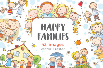 Happy cartoon families images. Clipart bundle