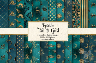 Heraldic Teal and Gold Digital Paper