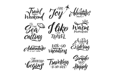 Typography hand writing set. Motivation words and phrase for travelers