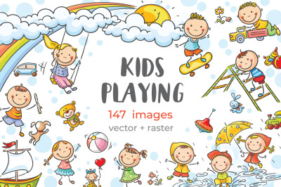 Happy cartoon kids playing different games, clipart bundle