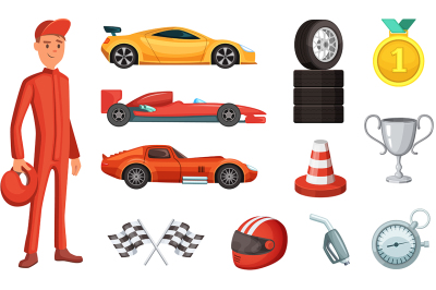 Sport cars and different racing icons set