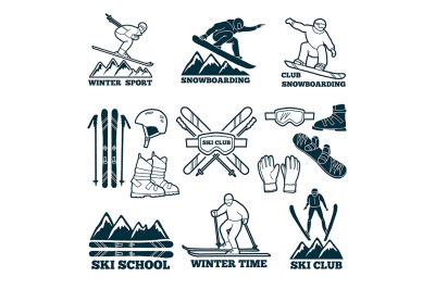 Labels set for club of skier. Silhouette of ski sportsmen