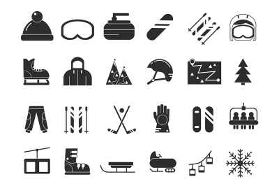 Monochrome icon set of winter sport. Vector black pictures