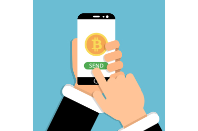 Hand holding smartphone with bitcoin symbol on screen