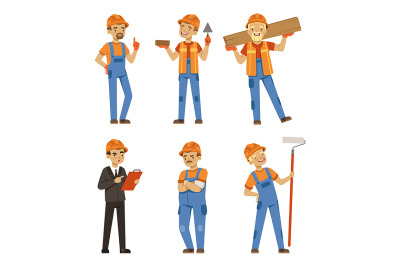 Mascot design of builders in different action poses